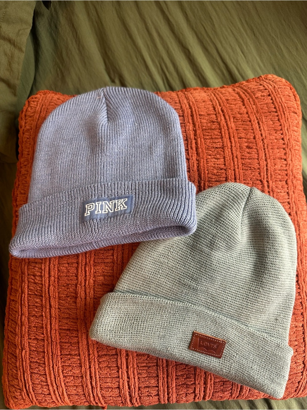 Pink and Levi’s Beanies